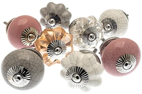 Mango Tree Glass and Ceramic Knobs in Pastel Pinks, Grey and White Crackle Effects - Set of 8