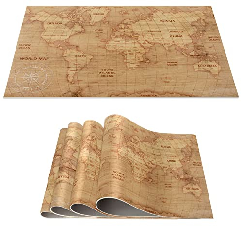 Platzset Tischset abwaschbar PVC Platzdeckchen rutschfest Tischuntersetzer Hitzebeständig Esstisch Deko für drinnen & draußen 30x45cm Weltkarte Braun 4-er Set