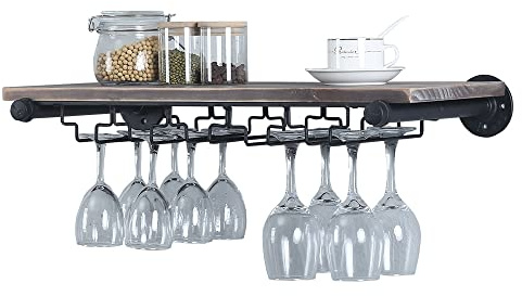 OLDRAINBOW Industrielles Weinregal zur Wandmontage mit 5 Glashaltern, Weinglasregal, schwimmendes Weinglasregal, 61 cm Rohrregal, hängende Holzregale