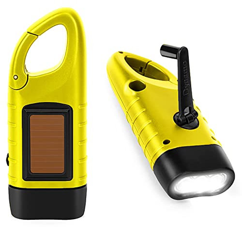 PKKP Taschenlampe Kurbel 2 Stück, Solar LED Notfall Taschenlampe mit Wandern Schnalle, Dynamo Taschenlampe Handkurbel Wiederaufladbare für Camping/Outdoor/Klettern/Wandern (Gelb)