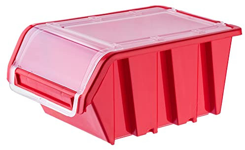 KADAX Stapelkiste mit Deckel, Lagerbox aus PP Kunststoff, Sichtlagerbox in verschiedenen Größen und Farben, Lagerboxen mit Klappe für Werkzeugswand (Rot, 1 Stück - 230x160mm)
