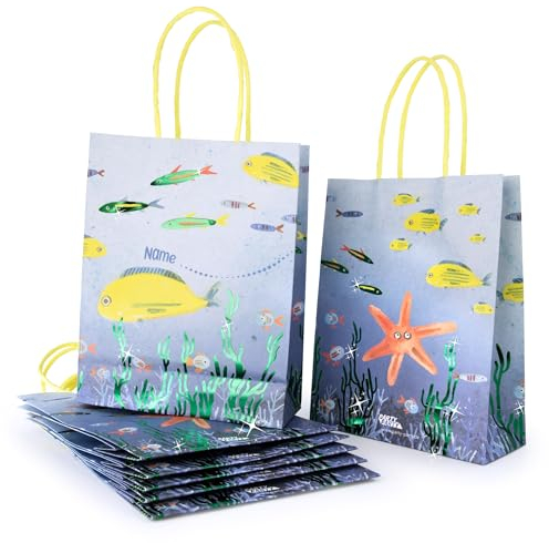 PARTY PARTY 8 schillernde Unterwasser Geschenktüten mit Henkel, glitzernde Fische, Geburtstag Ozean Geschenktasche, Kindergeburtstag Mitgebsel Tüte, kleine Papiertüte, Geschenke, 19 x 15 cm