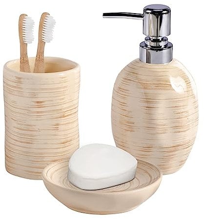 3 Teile Badezimmer Set, Keramik Badezimmer Organizer - Zahnbürstenhalter, Seifenspender, Seifenschale, stilvolle Boho Badezimmer Deko, Badezimmer Zubehör
