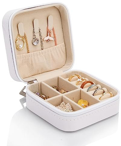 WAREHOUSE Schmuckaufbewahrung Reise, Schmuckkästchen klein, Schmuckschatulle Tragbar für Ohrringe, Ringe, Ohrstecker, Kette, Schmuck Reiseetui PU-Bezug in Elfenbeinweiß