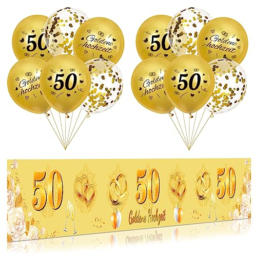 RUMIA Goldene Hochzeit Dekoration Gold 50. Jahrestag Yard Banner und Goldene Hochzeit Jahrestag Luftballons für Innen Außen Goldene Hochzeit Party-Dekoration (Stil-B), A963J1B