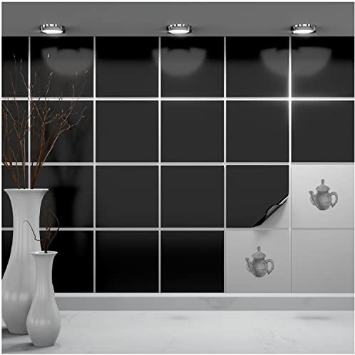 FoLIESEN - Tile Stickers, 14.5 x 14.5 cm, Self-Adhesive Tile Film for Bathroom and Kitchen, Removable Adhesive Film for Wall Tiles, Kitchen Splashback and Borders, 120 Adhesive Tiles, Glossy Black