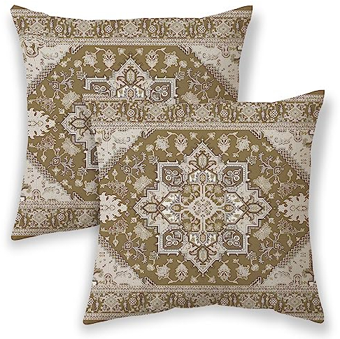BETGINY Boho-Kissenbezüge, 45.7x45.7 cm, Beige-Braun, Ethno-Design, Outdoor, dekorative Wurfkissen für Couch, Teppichmuster, Dekor, Kissenbezug, 2 Stück, Auto, Safa