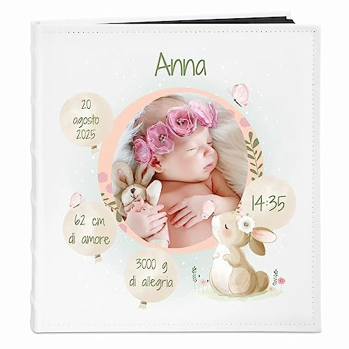 Maverton Album Fotografico - Copertina in Pelle Sintetica Personalizzazione Stampata - 60 pagine nere - 240 foto 10x15cm - regali neonato, battesimo, compleanno - Coniglio