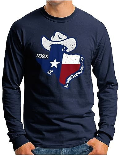 OM3® State of Texas Langarm Shirt - Herren - USA Vintage Cowboy Hut Vereinigte Staaten III - Navy, XL