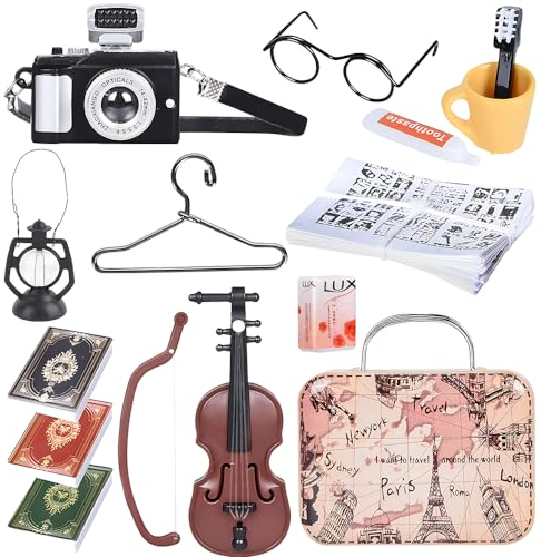 Fivtsme Miniatur Puppenhaus Zubehör, 12PCS Miniatur Deko, Miniatur Zubehör, 1:12 Puppenhaus Miniatur,Koffer Zahnpasta Zahnbürste Tasse Kamera Lampe Gitarre Bücher Brille Zeitung, Miniatur Garten Deko