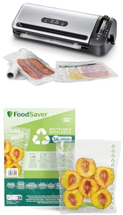 FoodSaver Vakuumiergerät mit Schneidevorrichtung und Rollenaufbewahrung | mit Handheld-Vakuumierer & Marinierfunktion | Enthält sortierte Vakuumbeutel + Plastic, Recycelbare Beutel
