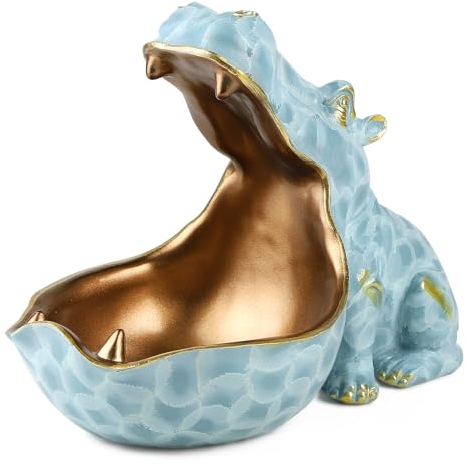 efuturetime Schale Nilpferd, Harz Schlüsselablage Figur, Groß Mund Nilpferd Statue Tischdekoration, Deko Modern, Schlüsselschale für Flur, Wohnzimmer, Büro, Geschenke, Dekoration, Blau-Groß