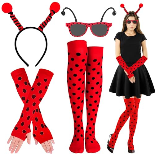 Lets Joy 6 Stück Marienkäfer Kostüm Set, Biene Kostüm, Bienenkostüm Erwachsene, Bienen Kostümzubehör, Bee Haarreif Marienkäfer Sonnenbrille, Fingerlose Handschuhe Überkniestrümpfe Karneval Cosplay
