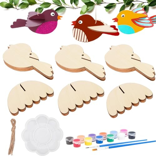 NHYDZSZ 16 Stück 3D-Vogel aus Holz Ostern Ostern Basteln Kinder Deko Vögel Holzbastelsets 3D Vögel Bemalen Ostern für Kinder mit 16 Hanfseil für Ostern und Frühling zum Dekorieren