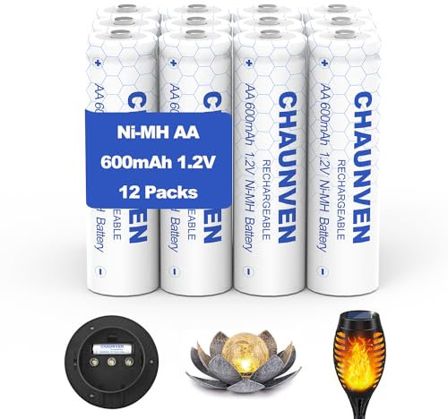 Chaunven Batterie ricaricabili AA da 1,2 V, doppia A, capacità regolare, pre-caricate per luci solari da giardino, luci a stringa e altri dispositivi a bassa potenza, AA 600 mAh, 12 confezioni