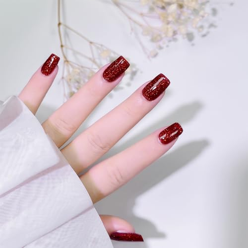 Ceboic Semi Cured Gel Nail Strips, 20Pcs Real Gel Nail Polish Stickers Solid Color Self-Adhesive Gel Nail Wraps Waterproof Nail Art Stickers for Women Girls Kids DIY Decorations (Glitter Wine Red)