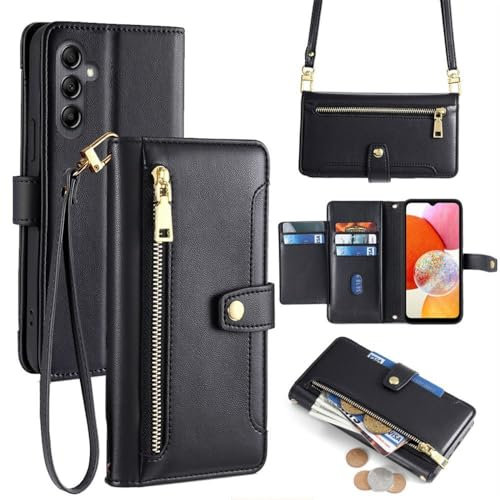Handykette Hülle Kompatibel mit Samsung Galaxy A14 | Leder Handyhülle mit Kartenfächern | Frauen Brieftasche Klapphülle zum Umhängen | Schwarz