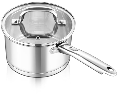 Homikit 18cm Saucepan, Stainless Steel Tri-Ply Base Milk Pan with Glass Lid, Cooking Induction Pot Suitable for All Kitchen Cooktops, Healthy & Heavy Duty, Easy Clean - 2.5L