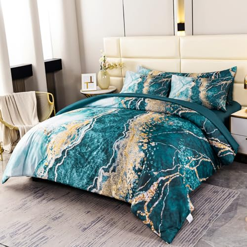 PERFEMET California-King-Bettwäsche-Set, 6-teilig, Aqua-Gold-Bett in Einer Tasche, Aquarell-Marmor-Druck, Bettdecken mit Laken, weich, leicht, Batik-Bettwäsche-Sets für alle Jahreszeiten (Aqua, Cal
