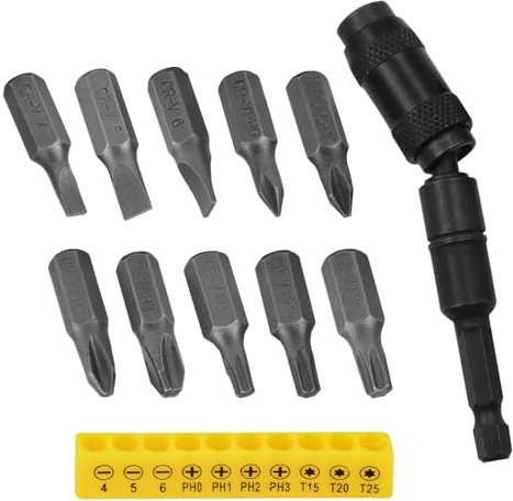 KITERI Magnetic Pivot Drill Bit Holder, 1/4 Hex Pivoting Bit Tip Holder Rotary Drill Extension Bit Holder Swivel Drill Bit Holder with 10 Pcs Screwdriver Bit Set for Narrow Spaces or Corners