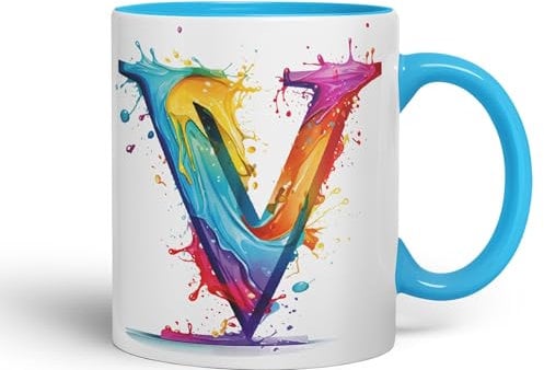 Letter V Mug, Alphabet Letter V Monogram Watercolour Ceramic Coloured Mug Cup for Tea Coffee Hot Brew 330ml 11Oz Gift (L Blue)