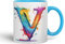 Letter V Mug, Alphabet Letter V Monogram Watercolour Ceramic Coloured Mug Cup for Tea Coffee Hot Brew 330ml 11Oz Gift (L Blue)