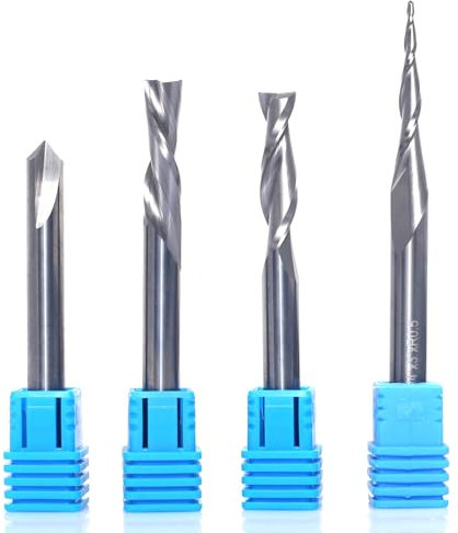 SICWOOD 4Pcs CNC Router Bit Set 1/4 Inch Shank, Solid Carbide Wood Profile V Groove Engraving Milling Cutter/Carving Bit, CNC Spiral Router Bit for Woodworking Detail