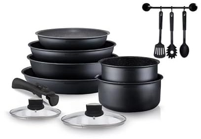 SHOP-STORY - AM268B : Batterie de Cuisine 12 Pièces Arthur Martin Poêles et Casseroles Aluminium avec Accessoires, Tous Feux Dont Induction