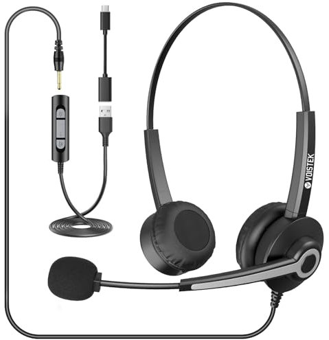 Voistek Headsets mit Mikrofon – On-Ear Stereo-Headset mit Noise Cancelling für Büro, Callcenter & Online-Meetings (USB/3.5mm/USB-C kompatibel mit PC, Skype, Zoom, Teams & Telefonkonferenzen)