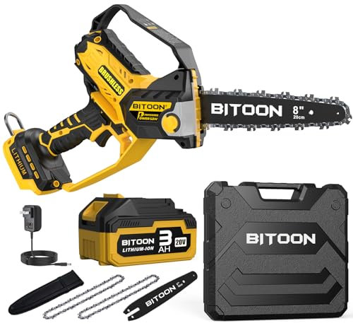 BITOON 8 Inch Mini Chainsaw with 3.0Ah Battery and Charger, Auto-Oiler, Brushless Cordless 8-Inch and 6-Inch 2-in-1 Pruning Chain Saw, Portable Electric Chainsaw for Cutting Wood, Branches Yellow