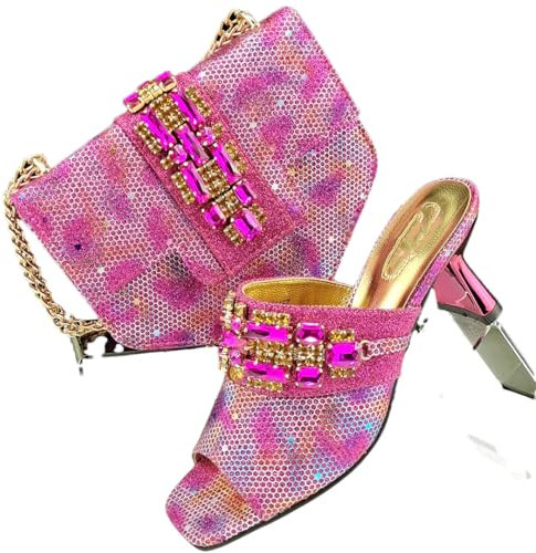 Set di scarpe e borse italiane abbinate da donna con tacco per feste, colore oro, scarpe da sposa più grandi, Fucsia, 42.5 EU