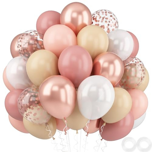 Retro Blush Pink Party Balloons, 52 PCS 12 Inch Metallic Chrome Rose Gold Dusty Pink Maca Orange Beige Latex With Confetti for Birthday Wedding Baby Shower Decoration