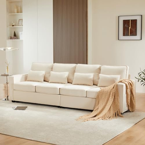 Zepneiy Sofa 4 Sitzer Modernes Design aus Leinenstoff, 4 Sitzer Sofa mit Armlehnentaschen und 4 Kissen, Polstermöbel Wohnzimmer Möbel, Einfaches Sofa für Wohnzimmer Wohnung Büro, Beige