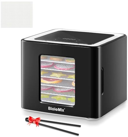 Biolomix Food Dehydrator with 6 Trays,LED Touch Control Design Adjustable Temperature and Time,Dryer Machine for Jerky,Dog Treats, Fruit,Vegetable,Herb (BLack+Square Silicone Dehydrator Sheets, F1210)