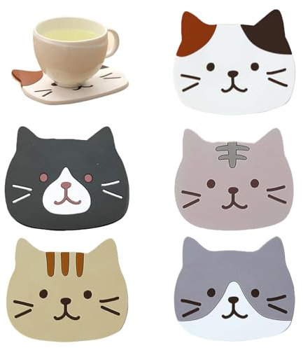 SHUOHONG 5 Pièces Chat Mignon Dessous de Verre, sous Verre Décoratifs en Verre, sous Tasse Verre Dessous Antidérapant, Lavable Dessous de Verre Silicone, pour Vin, Verres, Tasses à Thé et Boissons