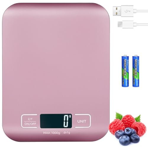 Küchenwaage Digital, 10kg/1g Küchenwaage USB Wiederaufladbar Digitale Küchenwaagen mit LCD Display & Tara Funktion Professionelle Küchenwaagen mit Akku Ladekabel （Roségold）