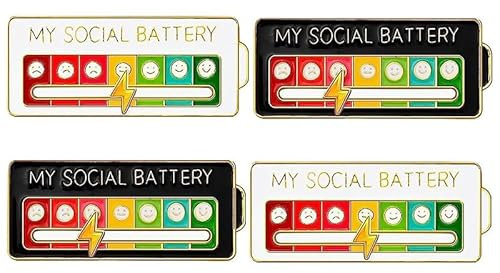 4 Stück Social Battery Pin, Lustige Brosche für Soziale Interaktive Stimmungsnadeln Pin Anstecker 7 Tage Soziale Batterie Emaille Pins für Rucksäcke Jacken Hüte Kleidung Geschenk (Weiß+Schwarz)