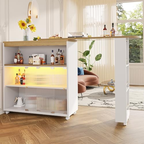 Ausziehbarer Bartisch mit Stauraum, Moderner Beweglicher Bar Table, Teleskopischer Bartisch mit LED, Stehtisch Hochtisch Kücheninsel,Großer Stauraum,Weiß(138-204×39×105cm)