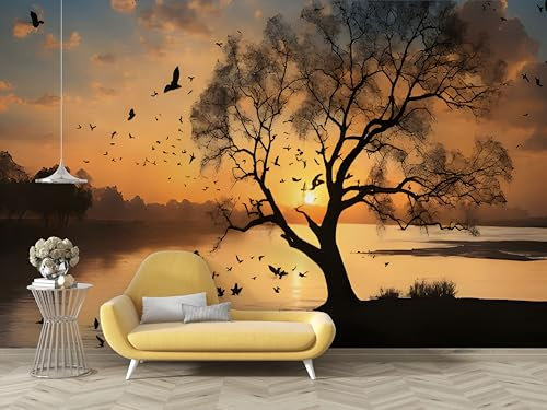 dyausi Birds Wallpaper Mural, Sunset Tree Wall Murals, Self-Adhesive Photo Wallpaper Home Decoration, Small Wall Sticker for Living Room Bedroom 130 * 80cm (W*H) B53