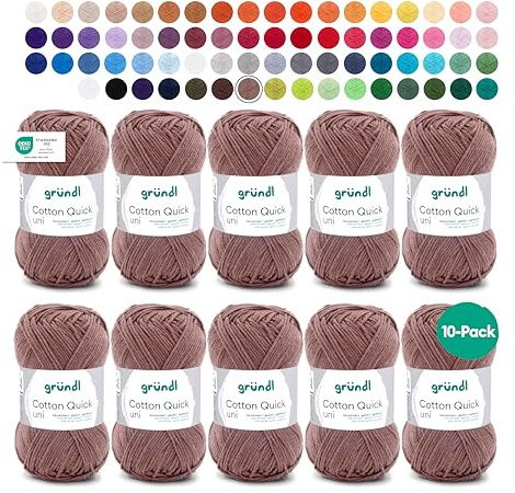 Gründl Laine Cotton Quick uni Fil à crocheter 10 pelotes 50 g, Café | laine fine pour crochet – fil à tricoter – fil à crocheter – brillante et douce pour la peau – 100 % coton – 50 g / 125 m