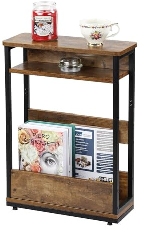 Livhome Narrow Side Table with Shelf, Small Nightstand with Storage, Bedside Table for Bedroom, Sofa Table with Magazine Rack, Functional Small Coffee Table for Living Room and Office Spaces (Brown)