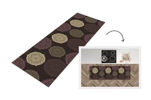 KitchenYeah© Küchenläufer rutschfest Kitchen Runner Non Slip Waterproof | 180x60 cm - Bodenschutzmatte Küche Rutschfeste Küchenmatte Abwischbar Flur Design - Mandala - Braun