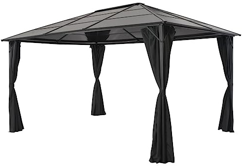 Angelzelt Terrassen Pavillon, Gartenpavillon mit Vorhang Aluminium 4×3×2,6 m Schwarz, Wasserdicht Stabil