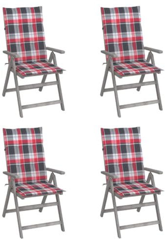 Bucmath 4er-Set Hochlehner Verstellbar mit Auflagen, Massivholz Akazie Grau, 5-Fach verstellbare Balkon Gartenstühle für Komfort im Außenbereich