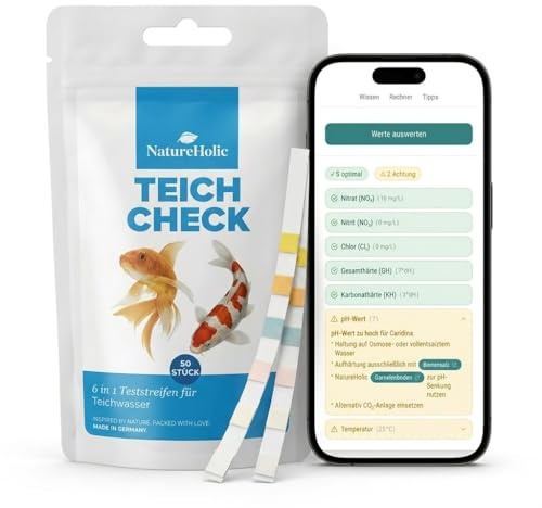NatureHolic Teich Check – 50x 6-in-1 Teich Teststreifen für den Gartenteich | Wassertest für pH, GH, KH, Nitrit, Nitrat, Chlor | inkl. QR-App-Auswertung & Farbkarte