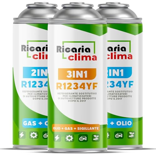 Ricaria Clima 3 en 1 – Recarga de Aire Acondicionado para Coche R1234yf con Aceite y sellador de Fugas XL + 2X R1234yf XL 235 g – Kit para Recarga autónoma de Aire Acondicionado de Coche