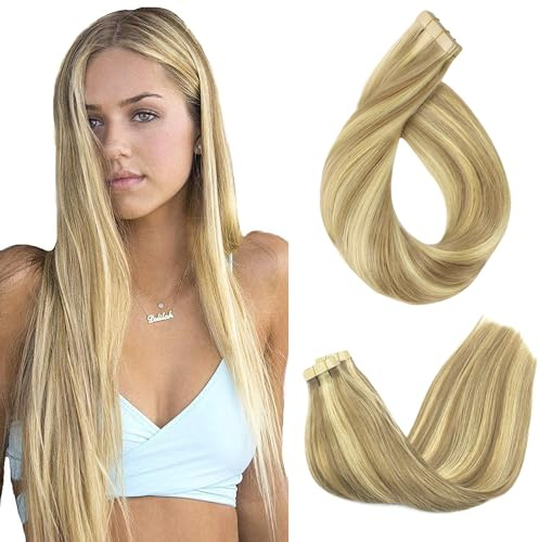 GOO GOO Tape in Extensions Echthaar, Tape Extensions Echthaar, 50cm 50g 20pcs, Extensions Echthaar, Haarverlängerung Echthaar, 16/22A Goldblond