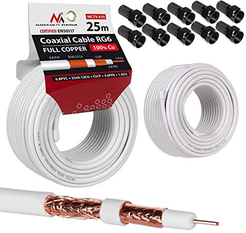 Maclean MCTV Cable de Antena coaxial RG6 Cobre Puro 100% CU Cable de Antena de TV satelital coaxial (25m+10x Conector F)