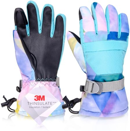 Azarxis Kids Snow Ski Gloves, Children Winter Waterproof Windproof Warm Touchscreen Snowboard Gloves for Boys & Girls (Light Blue, XS (Fit Kids 7-9 Years))