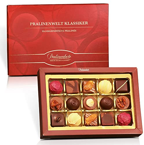 Pralinenbote – Pralinenwelt Klassiker mit 15 handgefertigten Pralinen deutscher Chocolatiers, das Pralinen Geschenk